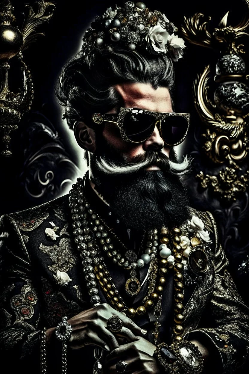 Artistic photo in the audacius style of Jill Greenberg, of man with a luxurious and striking style, abundance of jewelry, oversized sunglasses, neat black beard, feminine manirism, prints, desafiant, extravagant, barroque escene , impasto style with thick texture