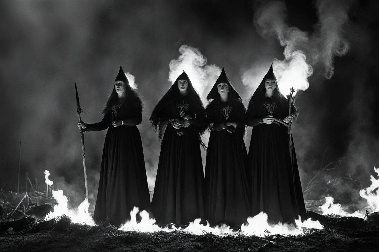 [very impressive high res masterpiece in Kodak Eastman 5247, scene by László Krasznahorkai] Three Witches from Macbeth surrounded by flames with a pentagram around them
