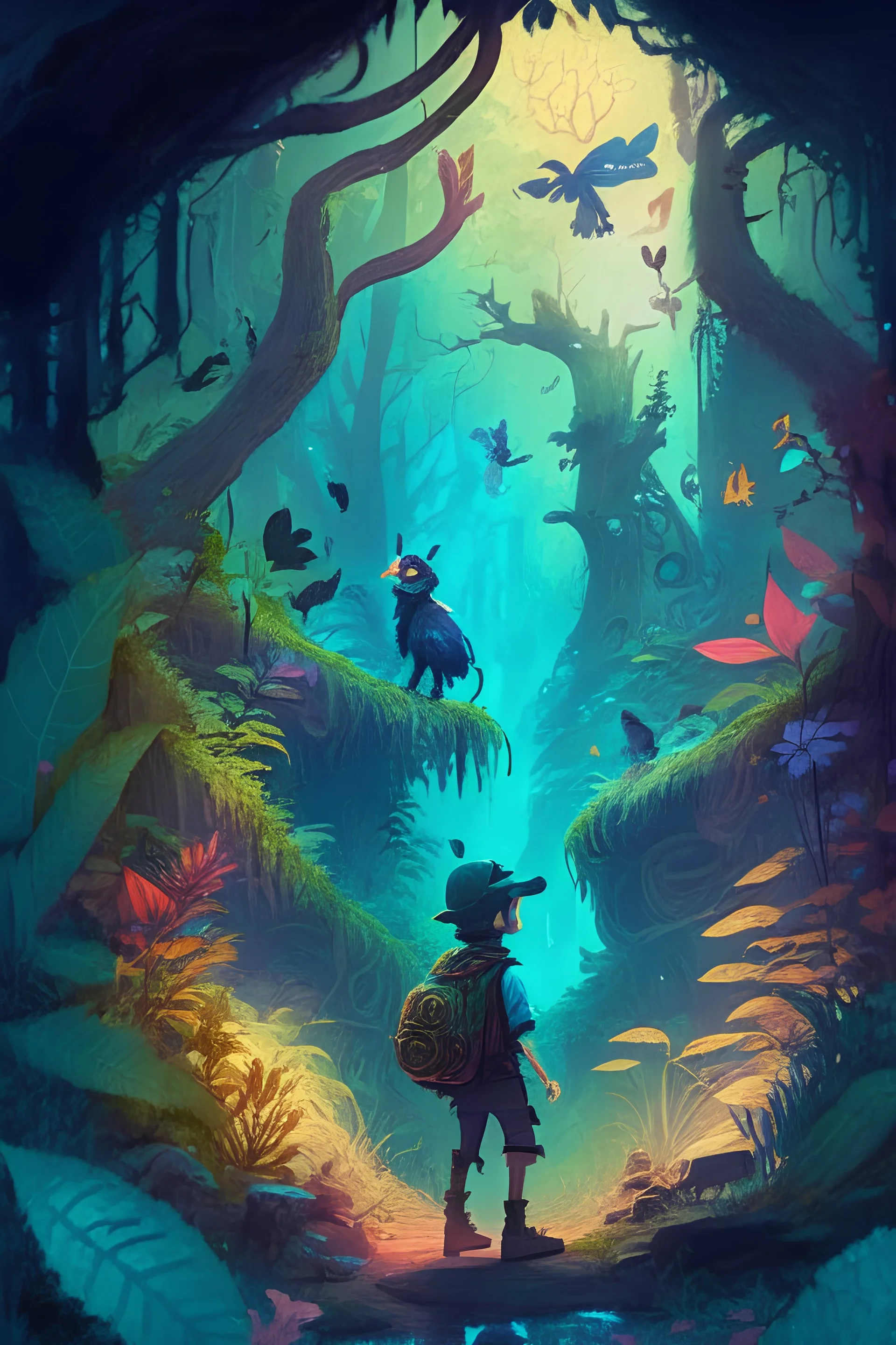 Design a captivating scene featuring Pelter exploring a mystical forest, surrounded by vibrant vegetation and curious creatures. Show his connection with nature and the magical elements of his abilities.
