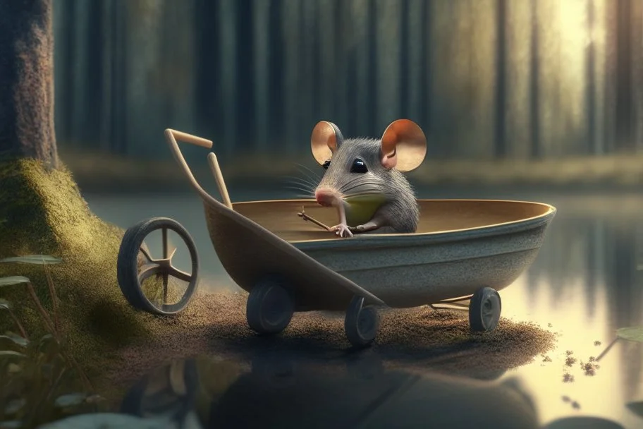 mouse in wheelbarrow, in forest by lake, book illustration, fine detail, 4k, trending, volumetric light