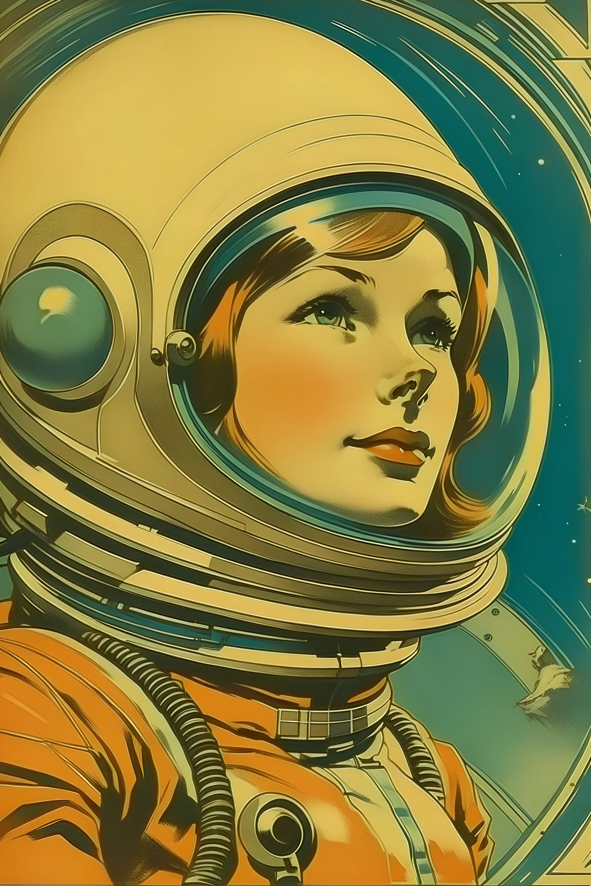 1960's vintage retro sci-fi poster, beautiful female Russian cosmonaut, muted colors