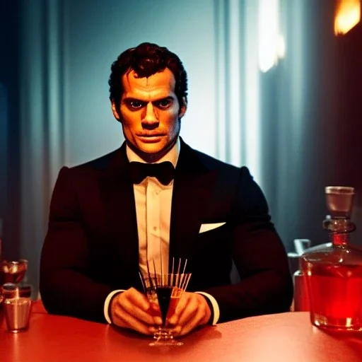 portrait of henry cavill as james bond, drinking a martini, red and golden, cinematic, hd, 4k