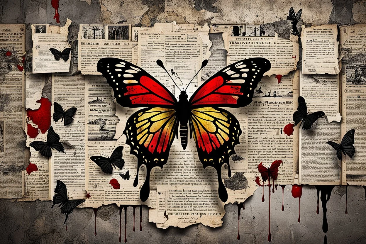 a black velvet butterfly is pinned to an old, dirty wall with a large shiny nail, red blood flows from the butterfly's wings and body, next to it on the wall are old, yellowed, cut-out newspaper articles about missing children, dirty fingerprints and drops of blood on the cracked, old gray-white wall , intricate details, sharp focus, cinematic, surreal, hauntingly beautiful, perfect composition