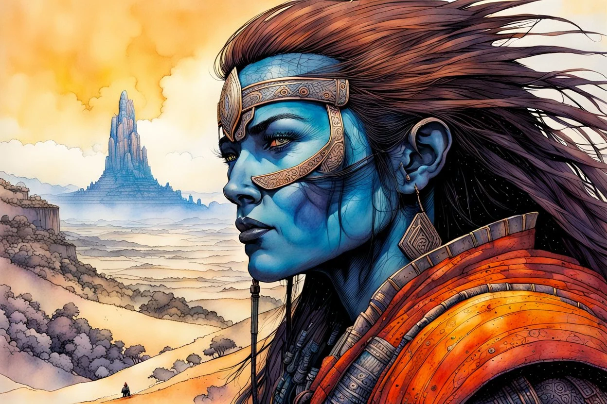 create an ink wash and watercolor portrait of a fair skinned female nomadic tribal mercenary with highly detailed, delicate feminine facial features, inhabiting an ethereal tropical canyon land in the comic book style of Jean Giraud Moebius, David Hoskins, and Enki Bilal, precisely drawn, boldly inked, with vibrant colors