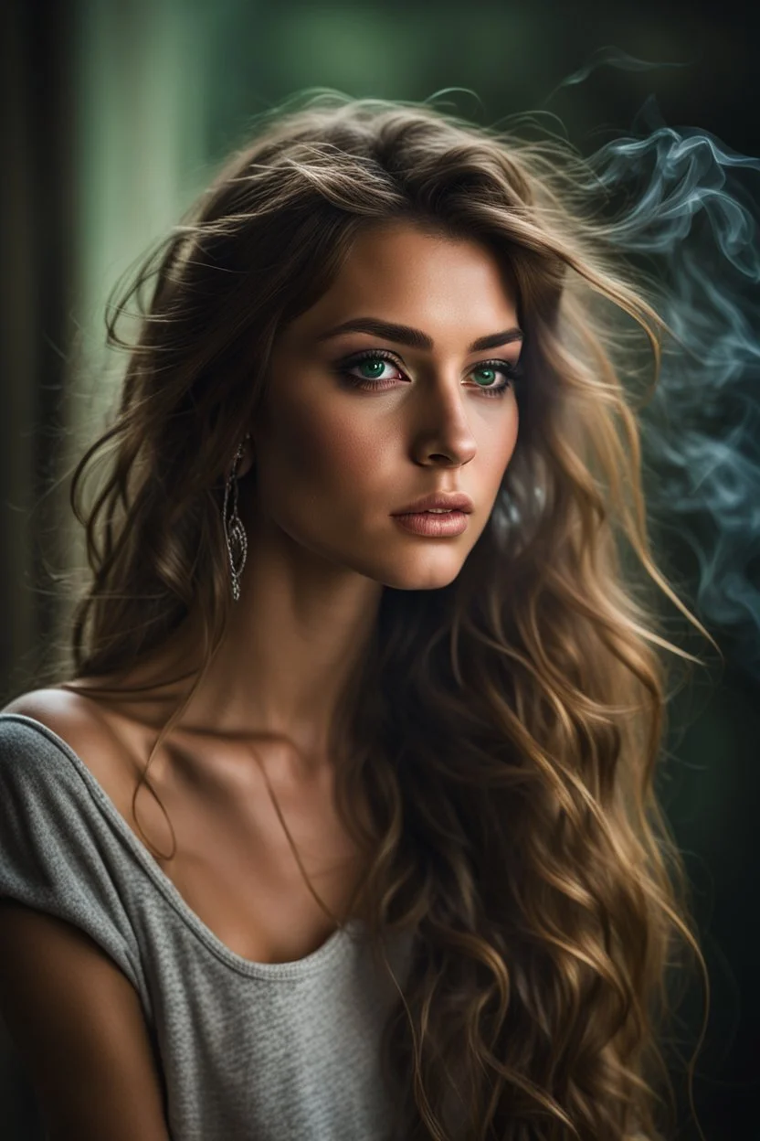 An amazing personal portrait of a Young attractive female, long messy hair, green emerald eyes, candid, intimate, dramatic light, mist dreamlike light, photorealism, ultra detail, 85mm lens, f 1. 2 --ar 6:9 --testp, soul, soulful portrait, spirit, personality, person, real smoke, smoky room, chest level silver chains, dramatic light, dreamlike light, Annie Leibovitz, Steve McCurry, Richard Avedon, Diane Arbus