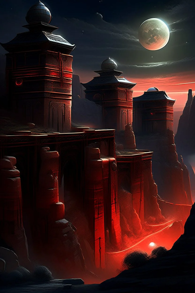 Distant view of an ancient walled city sitting in a canyon as viewed from the rim of the canyon, the city is lighted by torches placed along the walls with windows high upon the wall, One window has a scarlet cord draped out reaching the ground, the sky is dark and surrealistic with planets and moons on the horizon, the rim of the canyon has armored soldiers laying in wait while 2 spies work their way down to the outside of the city wall where the scarlet cord hangs from the window above a cross