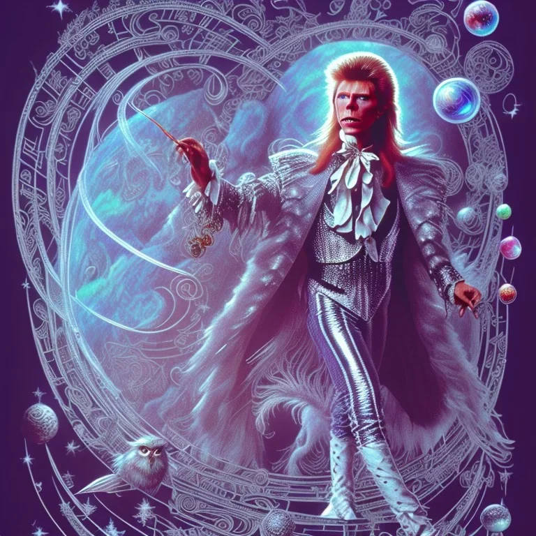 david bowie, white owl feather fancy clothes, Jim Henson's The Labyrinth, Jareth the goblin king, 3 crystal ball in hand, wearing spandex grey leggings with a crotch bulge, labyrinth illusion stairs, broken floating world and space in background, floating music notes and cursive writing