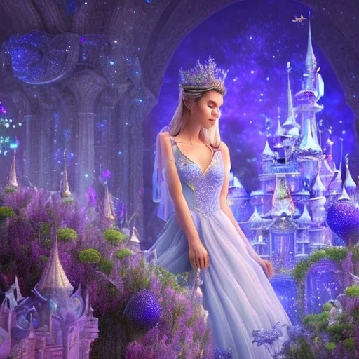 un grand château subtil en cristal violet bleu dans une ambiance galactique avec une belle fée, pétales transparents, couleurs délicates, bin le premier plan, plein de détails, ambiance lumineuse douce et douce, effet de lumière, vaporwave coloré, art conceptuel, lisse, extrêmement net, photo complète du corps, chef-d'œuvre, meilleure qualité, peau bleue, yeux étincelants, peau fluorescente, yeux bleus, maquillage étincelant, longs cheveux blonds, style féerique, corps très détai