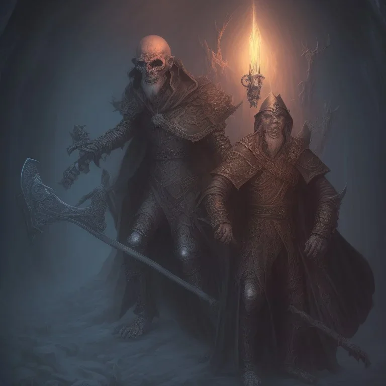 Evil Old human Necromancer in dark robes in a dark cave covered in darkness with skeletons all around him