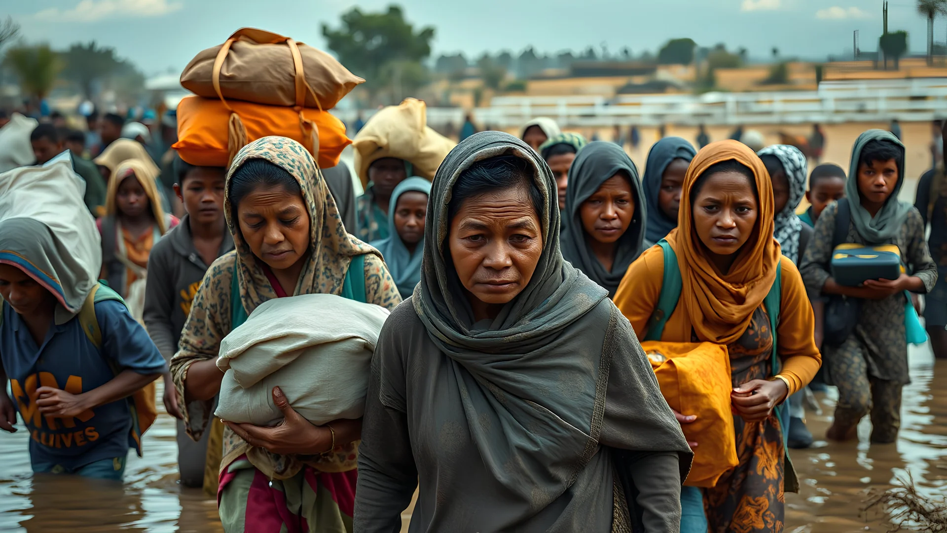 Climate emergency. A crowd of climate refugees carrying their belongings, trudging through a flooded area or a desolate, dry landscape. Faces show exhaustion and despair as they seek refuge from their devastated homes. Beautiful award-winning photograph, shocking, rule of thirds, balanced delightful composition, perfect lighting, superb detail, 16k render