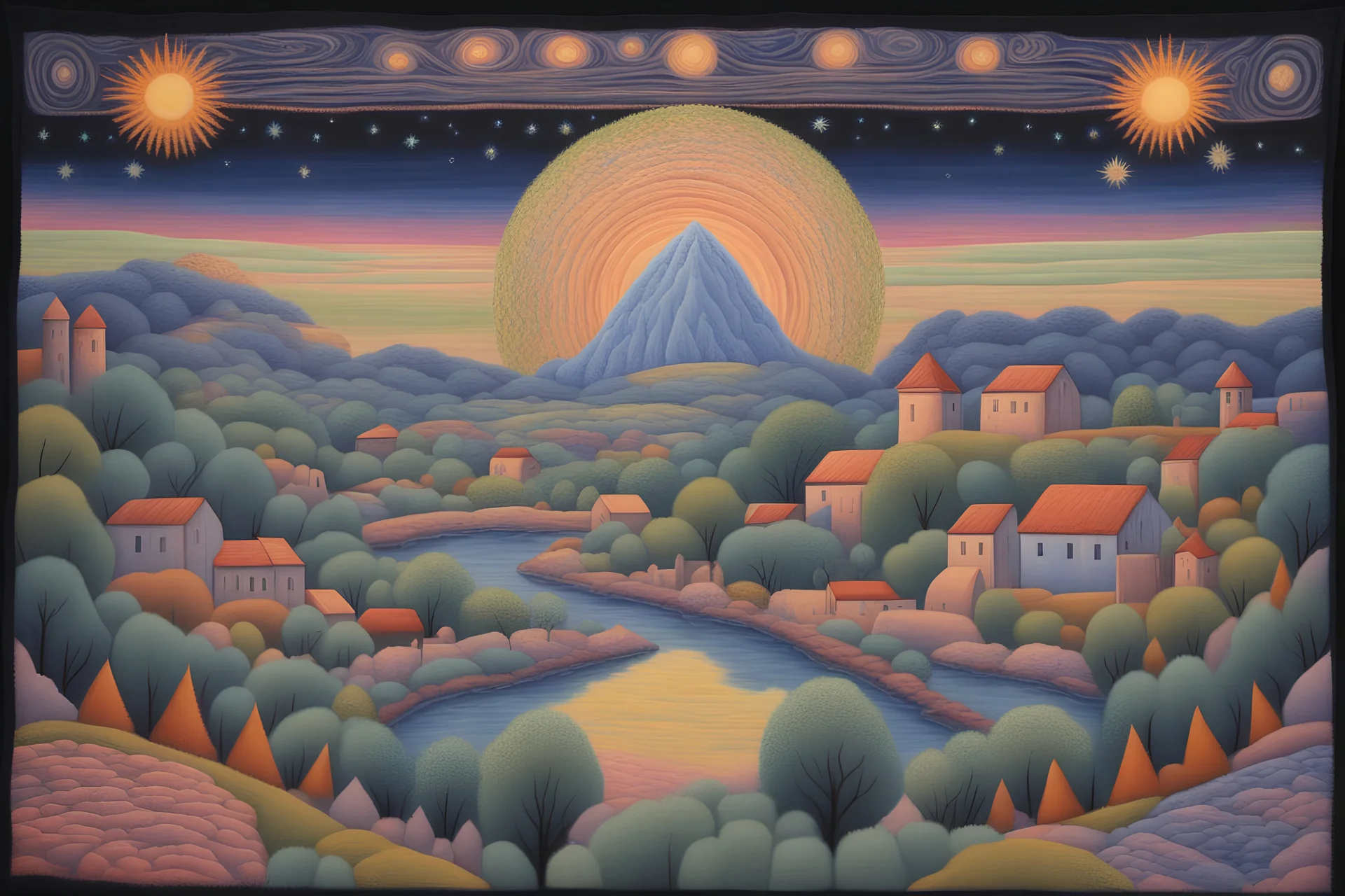 Armenian Knitted Tufting Tapestry misty Matera forest Village on the river Hills Starry Night Spring pastel color Dreams, by Paul Laffoley oil painting