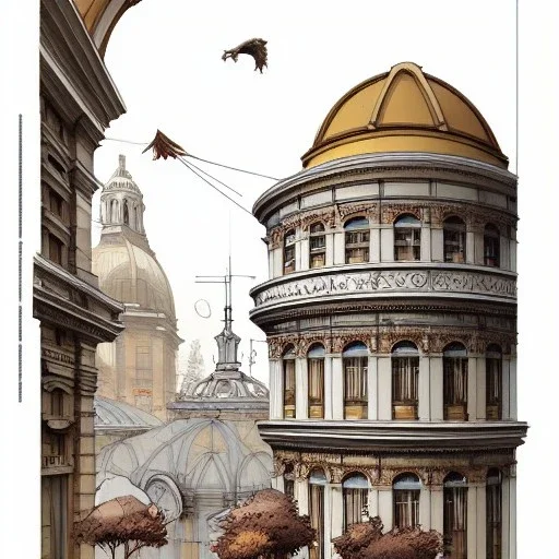 Metro station on building +Beaux Arts architecture+Vignola classicism architecture+detailed facades+uphill road+trees+ biopunk+Bueno Aires+turin+trieste+Book illustration by Gediminas Pranckevičius, Jean Baptiste Monge, Brian Kesinger, Anton fadeev, Kilian Eng, strong lines, high contrast vibrant colors, highly detailed, 16k resolution, trending on behance