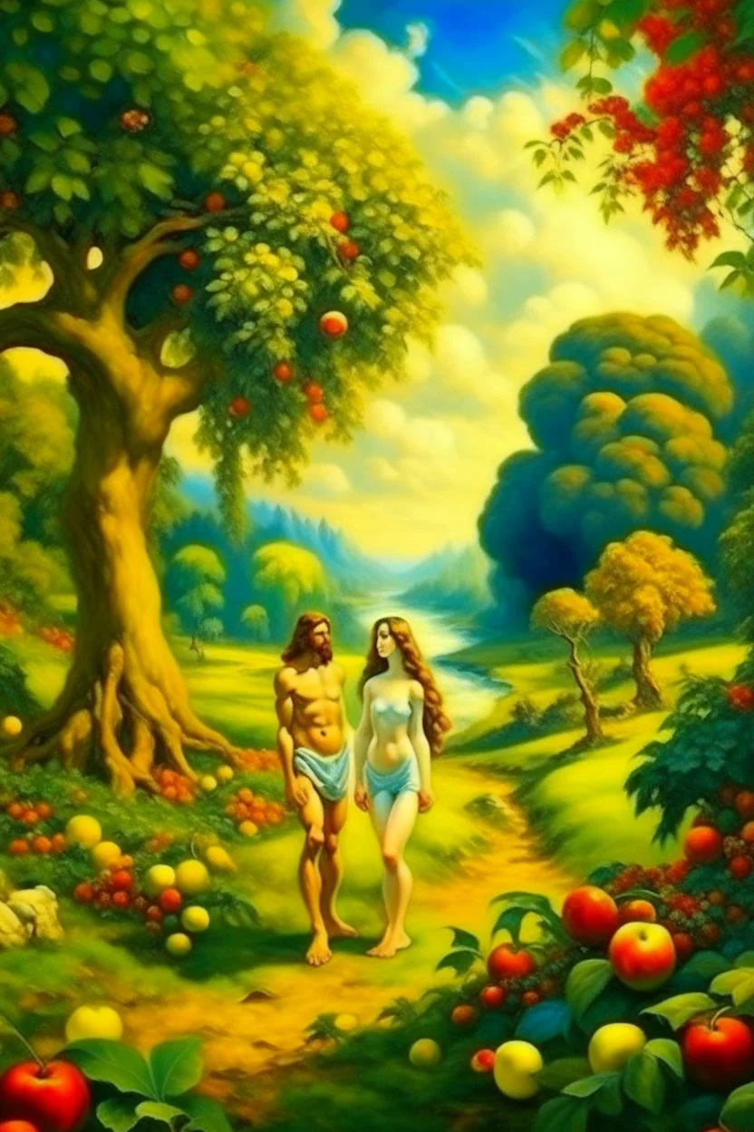 Adam and Eve in a very beautiful paradise, in the style of oil painting