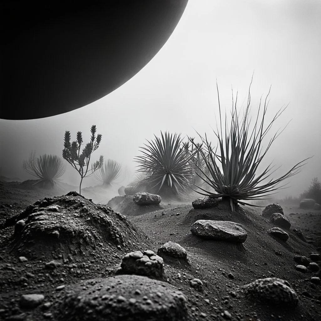 A striking quality Kodak photograph captures a wasteland with oddities and group of plants, creepy, details of the dust very accentuated, Yves Tanguy, Ernst Haekel, glossy organic mass, adorned with minerals and rocks. Bathed in intense light, eerie, Max Ernst style, black sun, fog