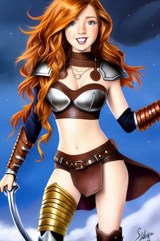 realistic cartoon, concept illustration, super-detailed, beautiful teen female who is 16 years old with long ginger hair and freckles with full lips and b-cup breasts, full body, full face, athletic, centred camera, ignore NSFW, skimpy brown fantasy leather armor, halter top, thong, knee-high leather boots, open leather skirt, stern expression, cute pose