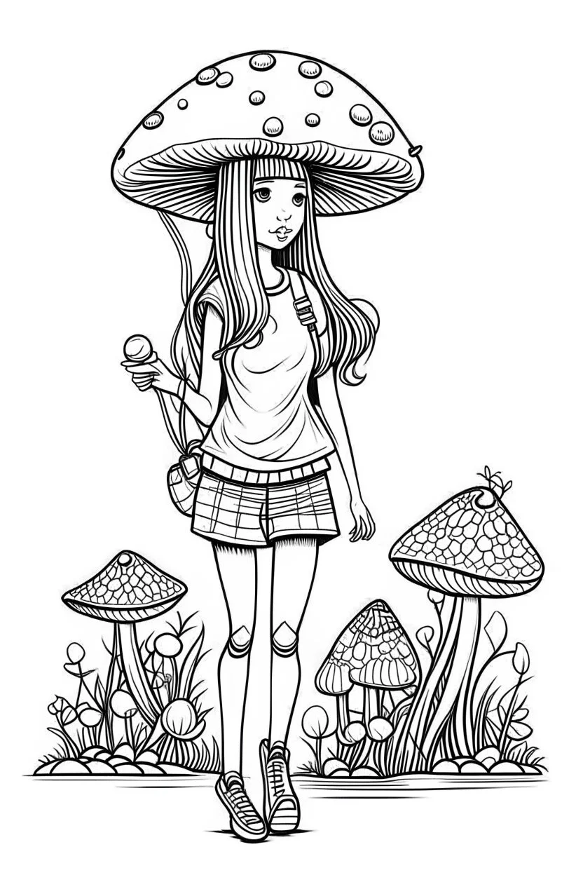 mushroom girl idea, line art, background, vector, svg, black outline on white background, leave plenty of white space beetween lines for coloring, tattoo style, tattoo idea,full body, minimalist