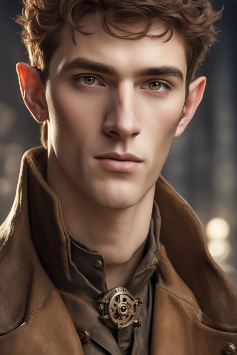 elf man of twenty years old, with brown eyes, short brown hair, dressed in a steampunk style trench coat.