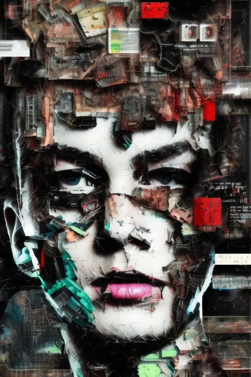 Ultra detailed medium portrait painting of anxiety , torn up collage of clippings, broken circuitry background, matrix effects, punk visual art, punk art aesthetic, graffiti art, pop surrealism, collage art, cluttered paint glitches