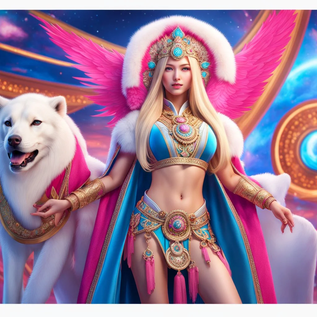 (masterpiece, best quality, 8k, RAW photo, beautiful and aesthetic:1.2), complex detail, Indirect light, photorealistic, (((full body))), 2 Gorgeous Cosmic russian asian goddess smiling, long curved blonde hair, blue eyes, Mixed, sci-fi and traditional russian outfit with pink velvet and white furs and chapka, a colorfull Sci-Fi environment