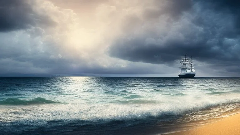 half body shot,realistic portrait of a 20-25 old caucasian model, long blue pink flowing hair, great grey eyes, blue leather jacket,full body, standing in beach , very big ship, nice lake with sunset ,clouds,god rays ,storm,rocky beach