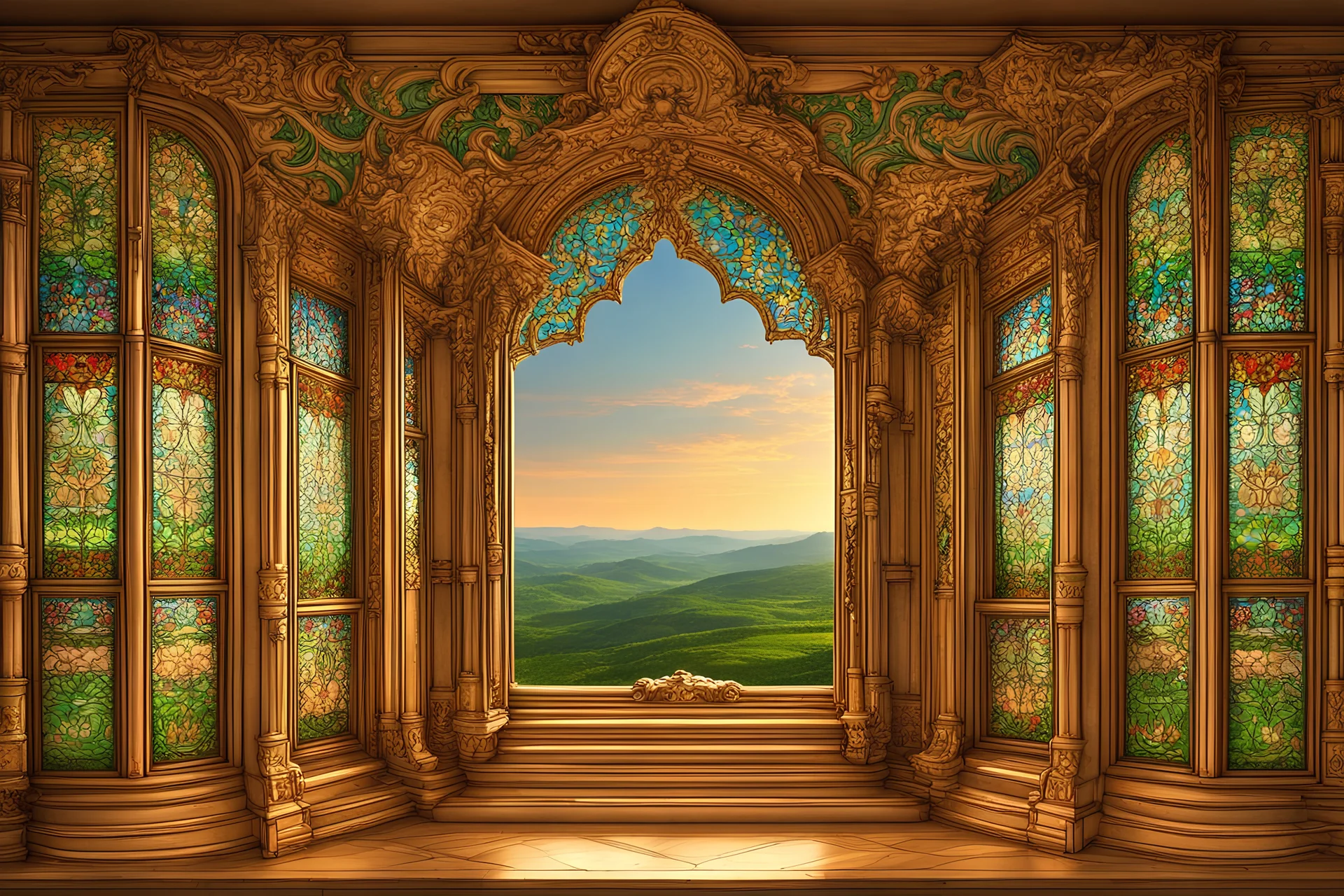 There is a wooden window on the wall. The view that can be seen from behind the window is a plain full of angels who are all in love and happy. There is a tall glass palace on top of a tall and green hill. It is a seven-color glass palace. That palace has a big, luxurious and magnificent gate.