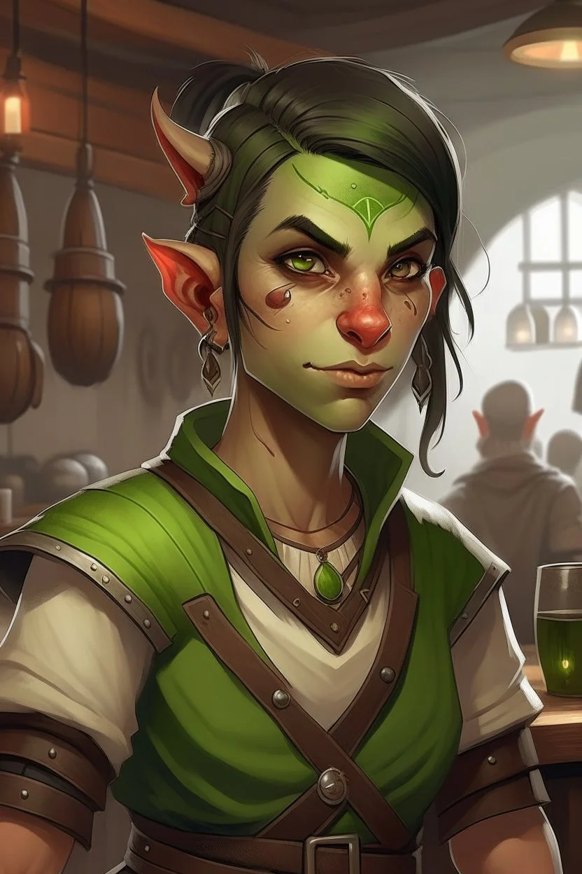 Dungeons and dragons half orc tomboy. She has green skin and pointy ears. She is kind. She had a wide face. She has short hair. She is strong. She is in a tavern. Realistic style