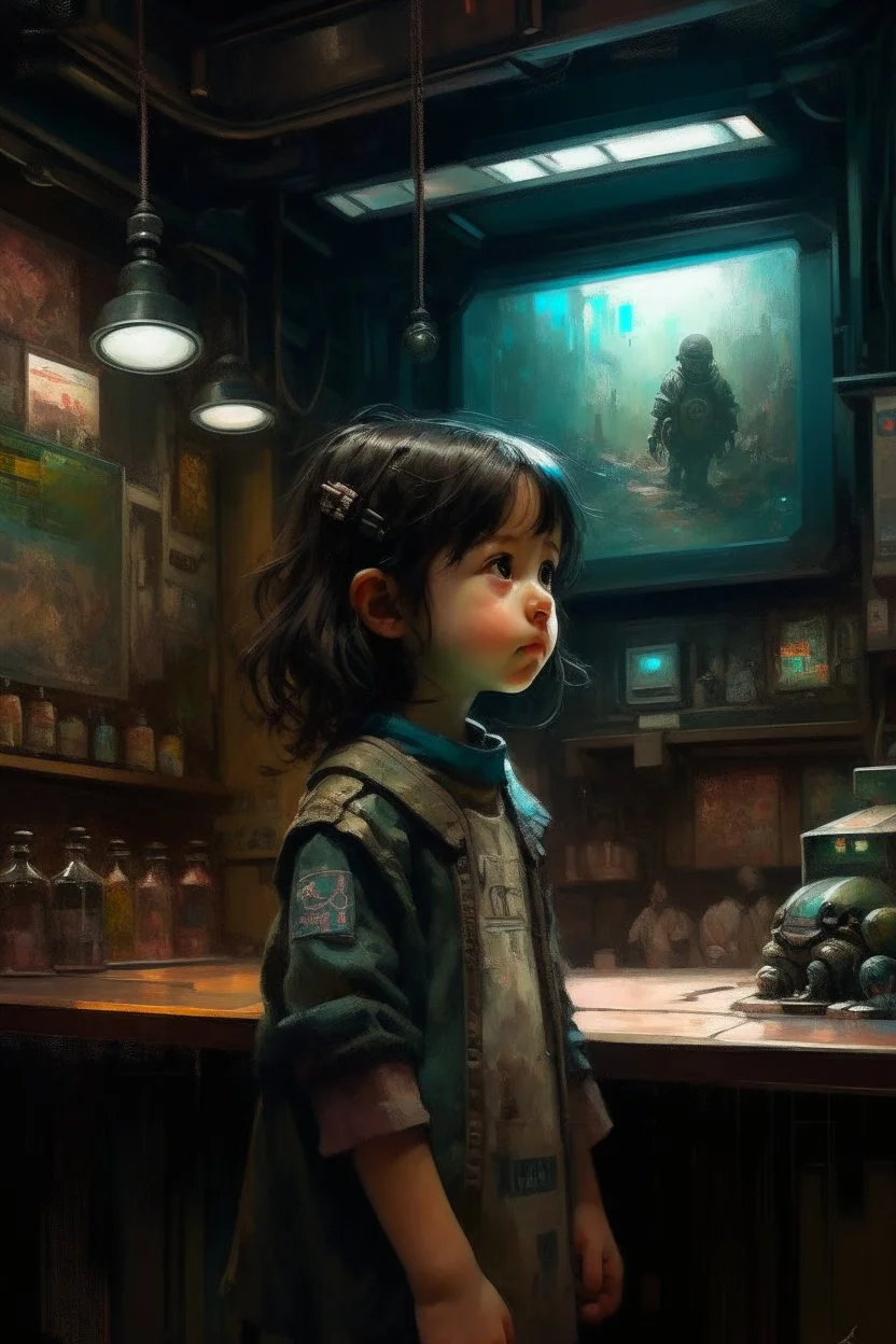 Little girl with dark hair in Cyberpunk wunderkammer painted by Rembrandt, unsane details, soft colors