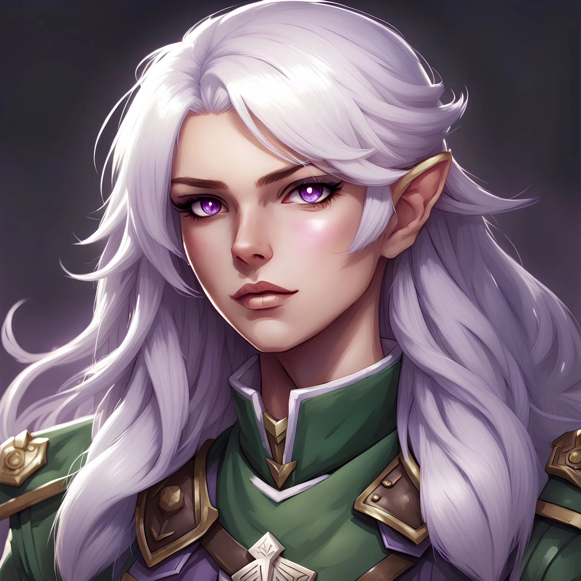 dnd, female human, white hair, green military uniform, violet eyes, bard, stern, serios, badge