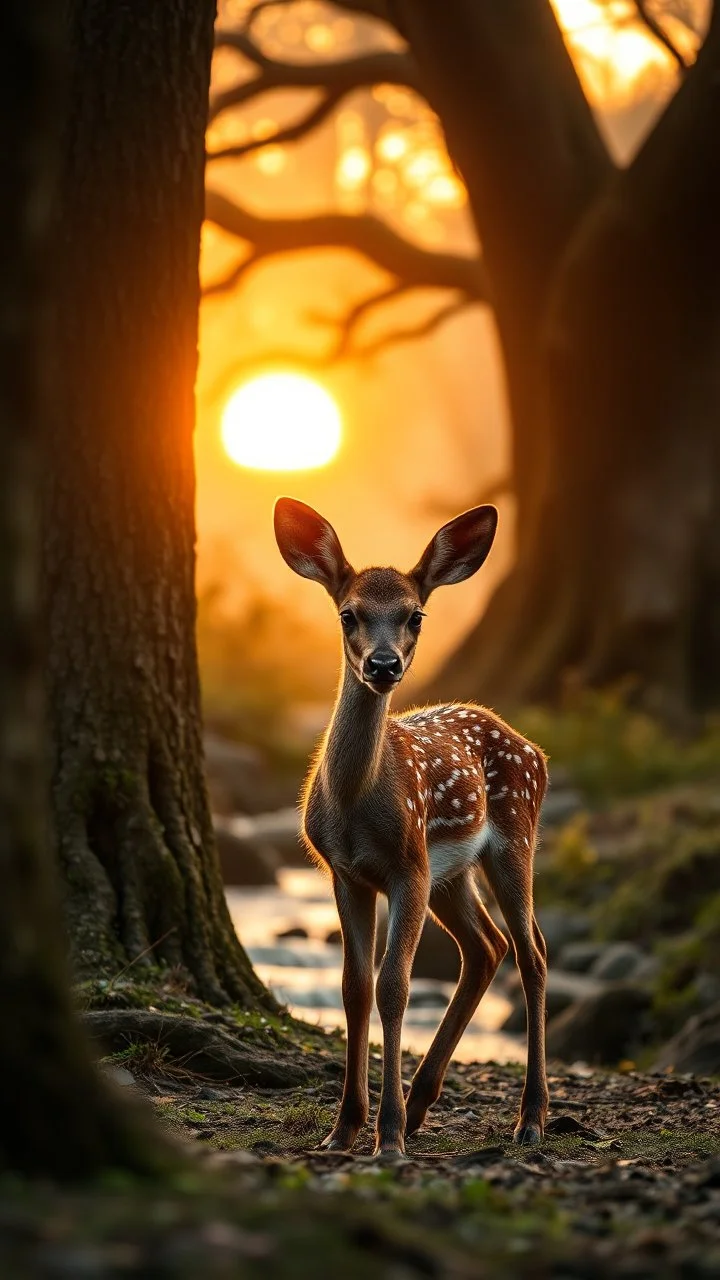 A beautiful baby dear standing in wood with a huge trees , river stream in the middle , behind to tree dim light of the sunset, a Hyena is hiding behind the tree watching it