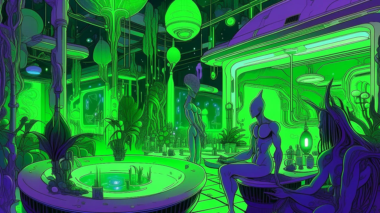 modernist style, An extraterrestrial bazaar at night, illuminated by bioluminescent plants and floating lights, featuring goods from around the galaxy. A tall, green male alien is showcasing intricate jewelry to a curious purple-skinned female, while other aliens converse and shop in the background., sophisticated muted-green color scheme, dramatic dutch light, art nouveau, soft colors