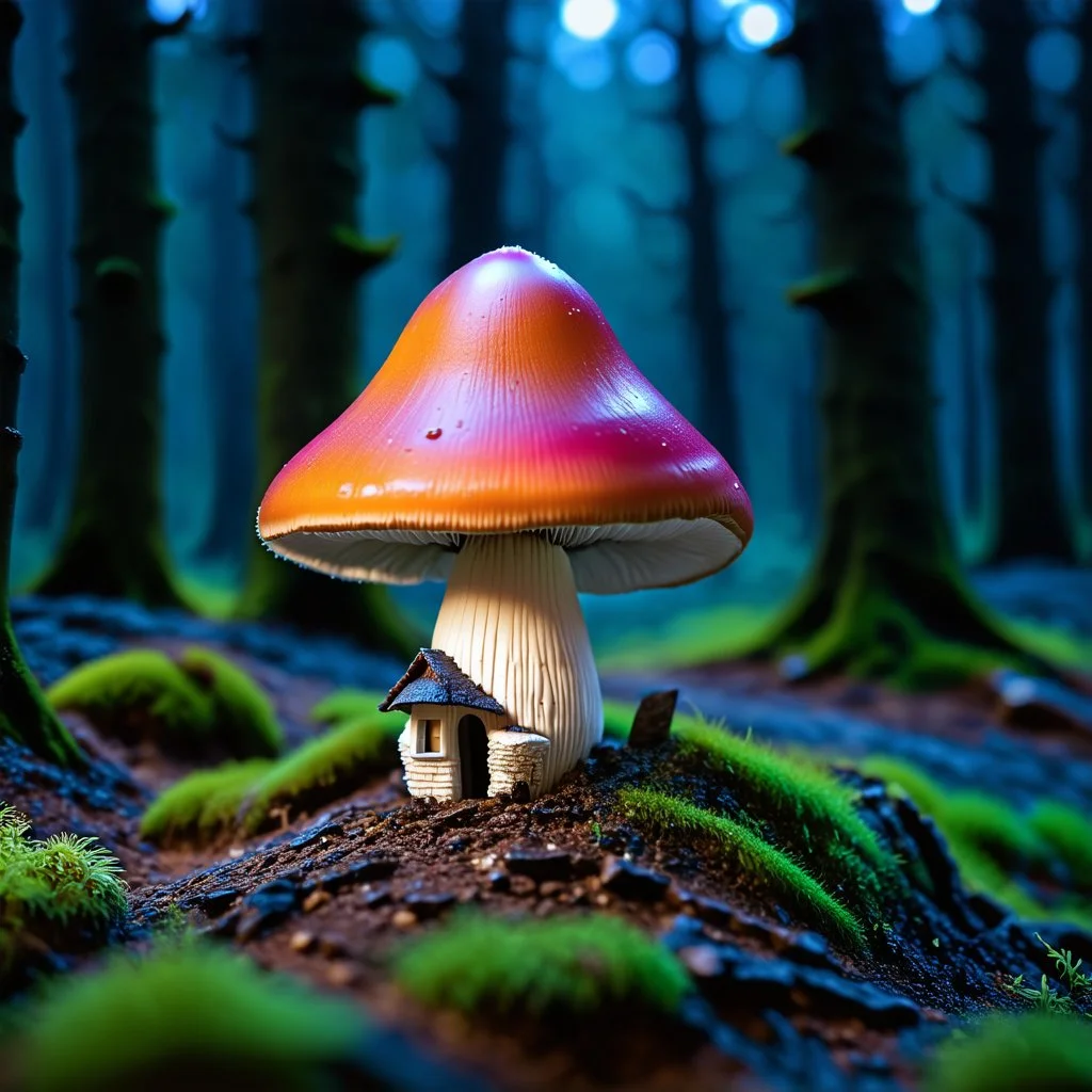 "Close up of a wonderful tiny Mushroom Tower home. orange and magenta with bright white, deep black and contrasting tones of gray. Illuminated bioluminescent forest. Professional painter, master at composition. small but detailed. broken, blurred background, voluminous lighting"