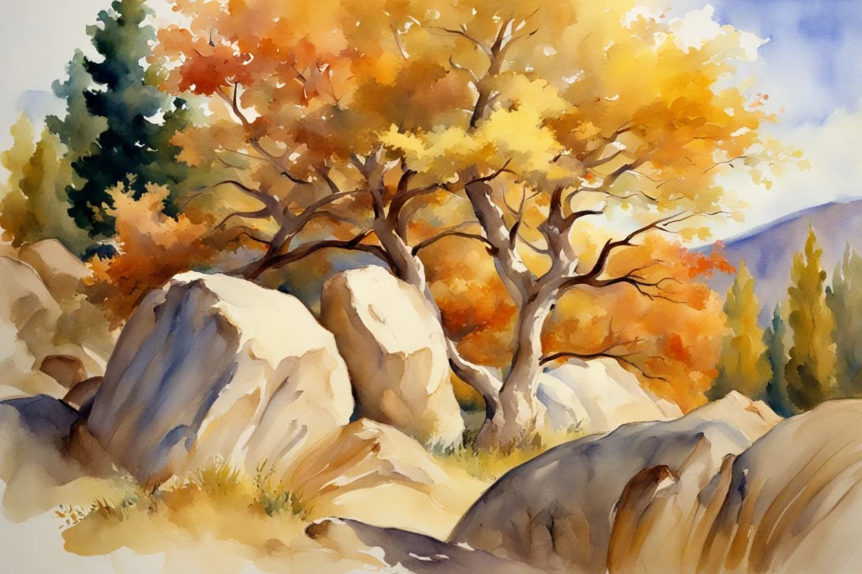 Sunny day, autumn trees, rocks, fantasy, mountains, epic, john singer sargent watercolor paintings