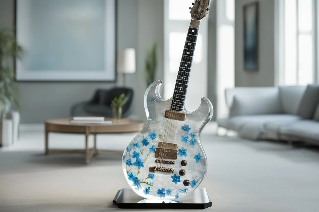 A lovely clear transparent resin guitar with forget-me-not design in a modern room in sunshine