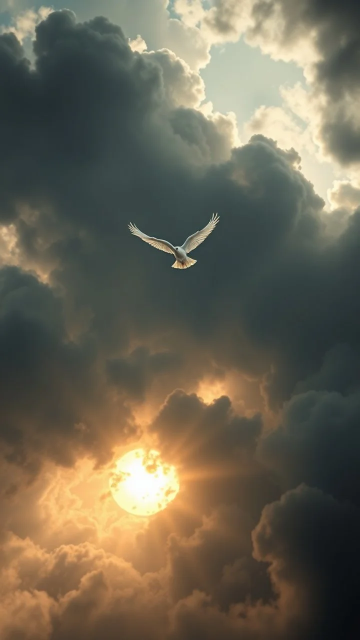 A white Dove flying above swirling clouds, emerges from the heart of a raging storm. Turbulent winds of steam swirl around the sun lit by shafts of sunlight that cast dramatic shadows on the A beautiful sun , High quality 16k cinematic scene and great photography