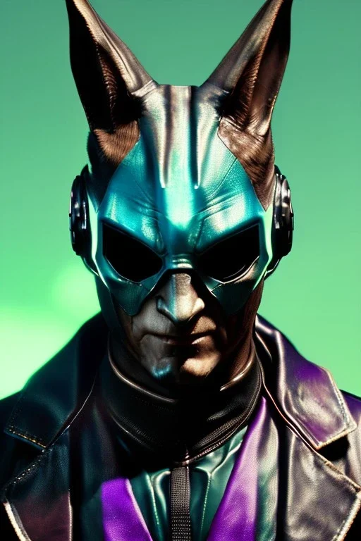 Medium Close Up Portrait, Front image. cyberpunk, rabbit mask helmet, strong man, silver hair. latex suit. Purple, green, color. Joker style. Color background, photo studio. Avatar image, highly detailed, concept art, smooth, unreal engine 5, ray tracing, RTX, lumen lighting, ultra detail, volumetric lighting, 3d, finely drawn, high definition, high resolution.