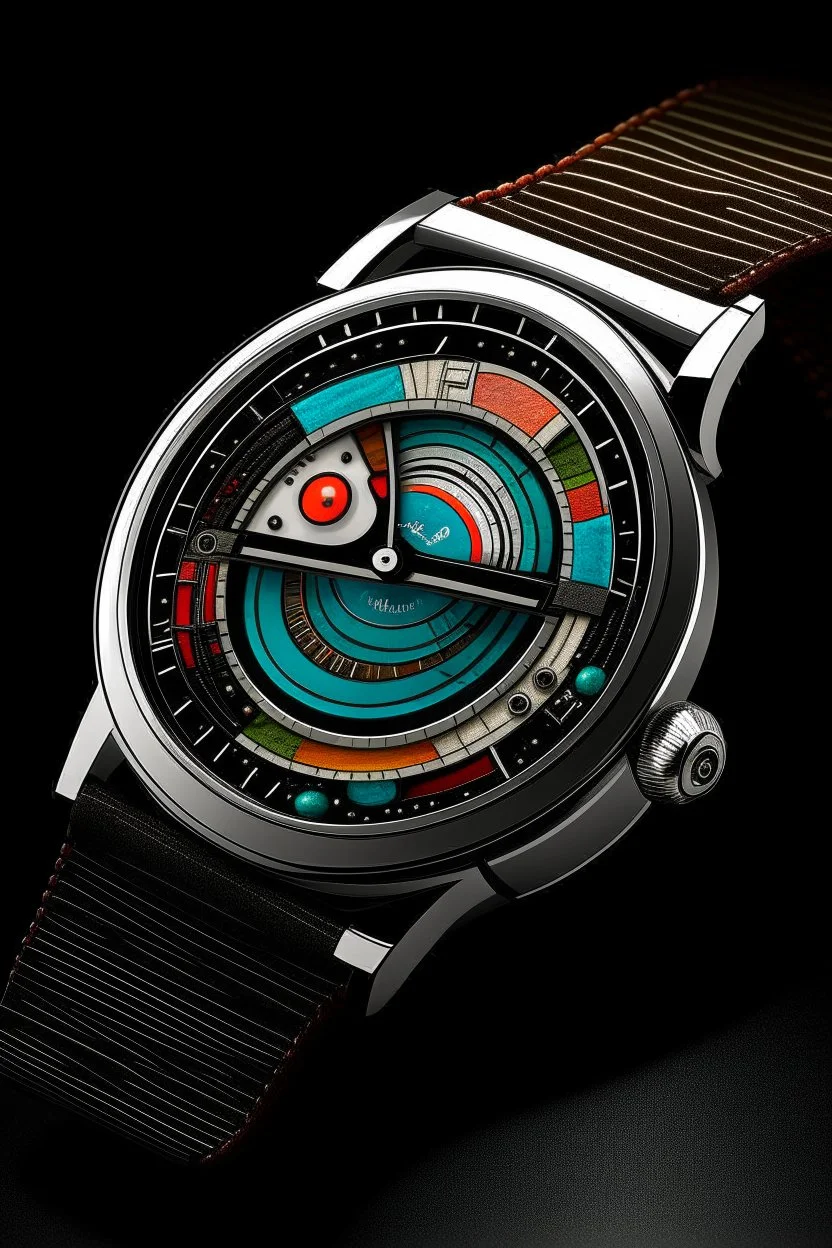 Create images that reflects the artistic side of jump hour watches. Depict a watch with a distinctive, artistic watch face design, surrounded by elements of creativity and inspiration.""