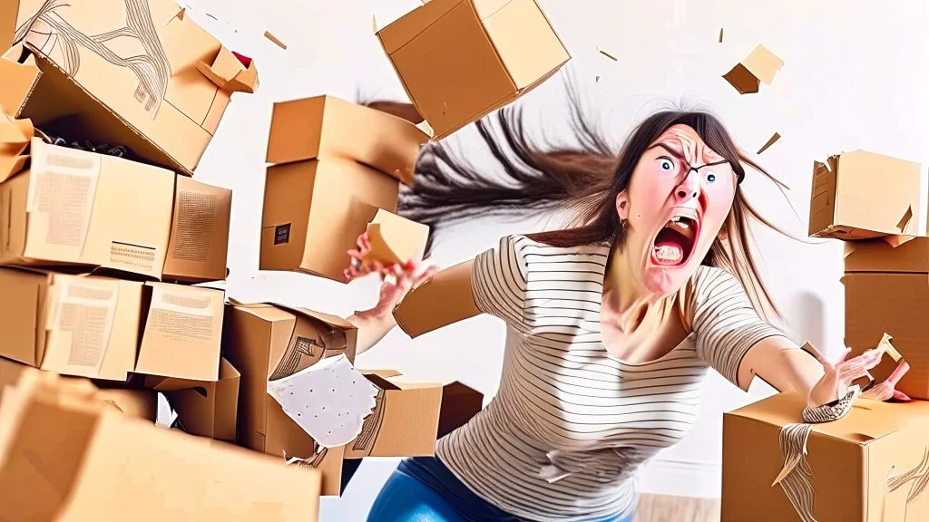 woman starts frantically tearing apart all the boxes and packaging