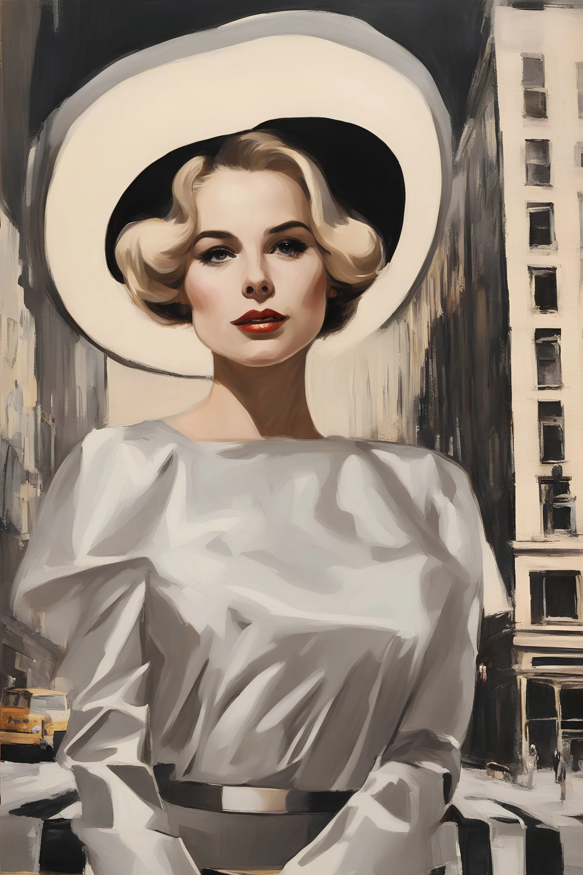 Grace Kelly of lovely bombshells oil painting Gustav Klimt style, dream, symptom, image in the background in the city artgerm display Andy Warhol style artgerm display in the 20 th century New York City. New York was like an adventure , and the city itself seemed like a big illusion, full of light and shadows.
