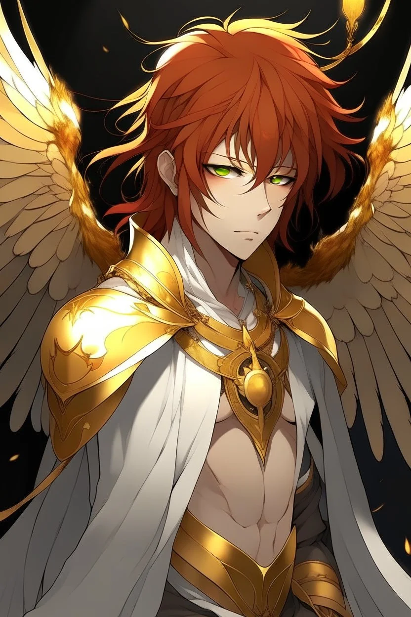 An anime male angel with red hair, gold eyes, and large, damaged feathered wings