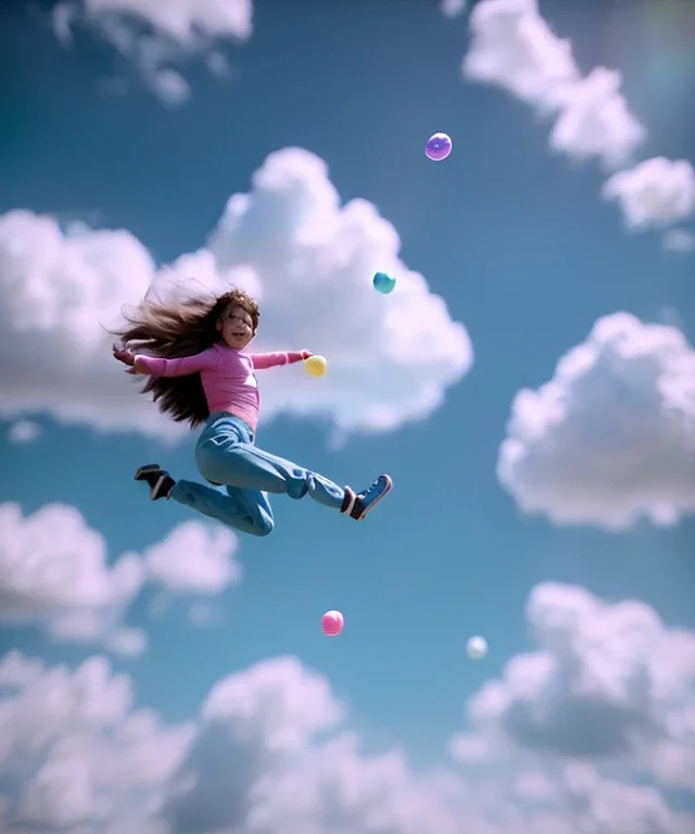 Ultra realistic clouds sky scene, medium shot view, portrait, sweet Childs, free jumping flying, trinkets, monster hair, jelly beans, balls, smile, happy, Wes Anderson style, inflatable color clothing, extreme, wind, clouds sea, 20,000 feet altitude, stratosphere, soft color, highly detailed, unreal engine 5, ray tracing, RTX, lumen lighting, ultra detail, volumetric lighting, 3d, finely drawn, high definition, high resolution.