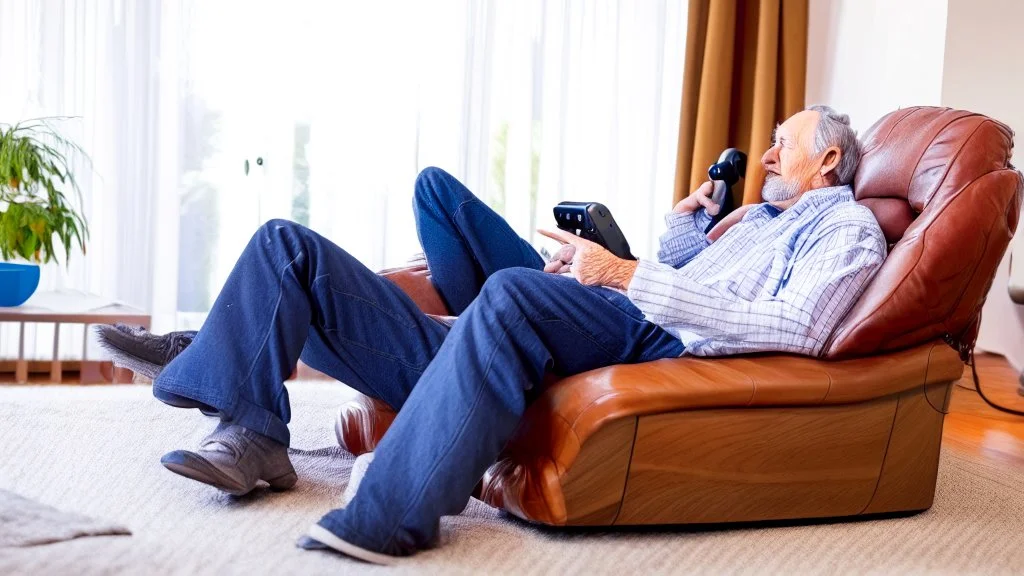 man sitting ALONE in his lazy boy chair at home on the phone confused