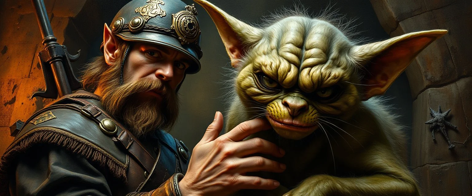 pin hole cam picture, master oil painting by Rembrandt, fantasy orc soldier holding and petting a big ugly cat gremlin