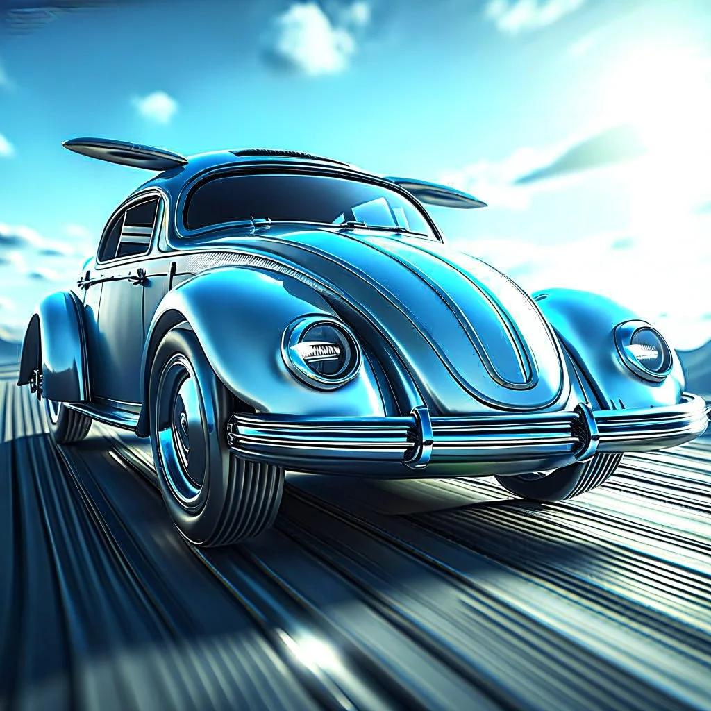 a high definition screen shot of a jet-fighter vw-beetle, retrofuturistic, phototrealism, in flight, one subject,