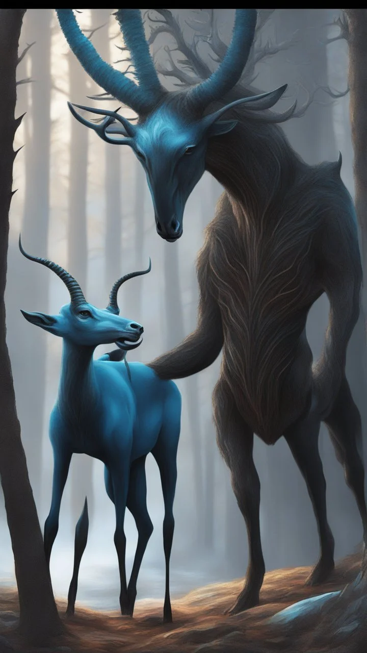 Dark forest, fantasy forest, gazelle with Crystal horns, Blue horns