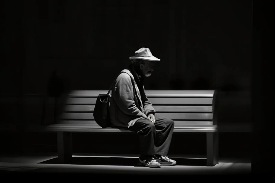 man sitting on a bench in the street