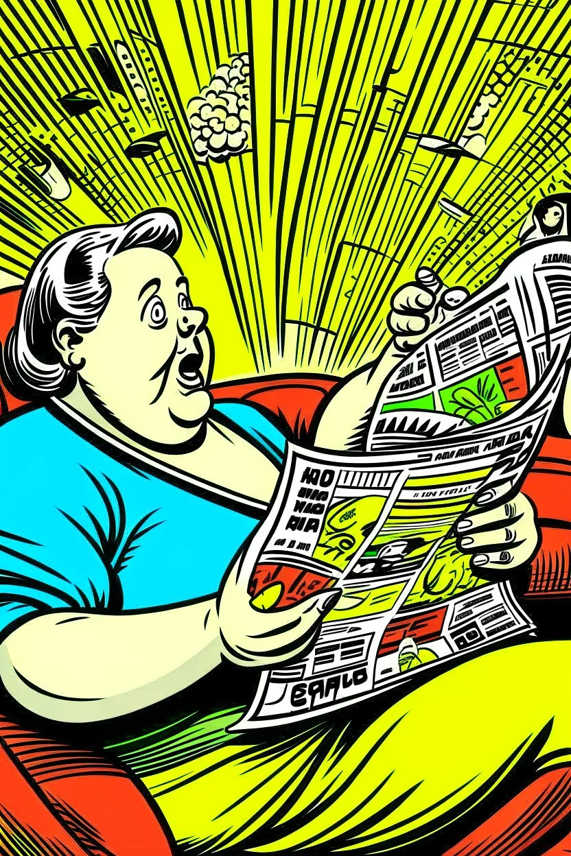 fat woman sitting on sofa READING NEWS PAPER listening to radio watching tv news WITH BIG BOTTLE OF SODA AND EATING BIG BAG OF POTATO CHIPS in a room with signs of propaganda in the style of roy lichtenstein