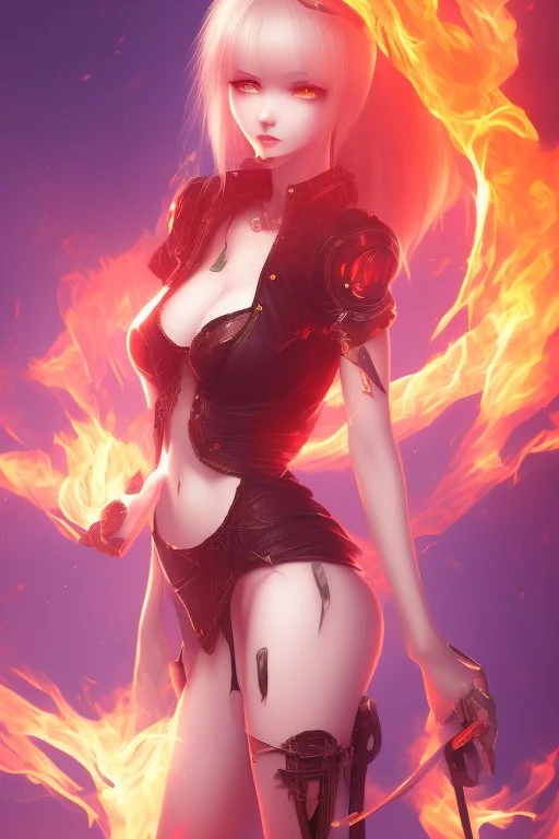 3d Anime girl close and personal but beautiful in fire background