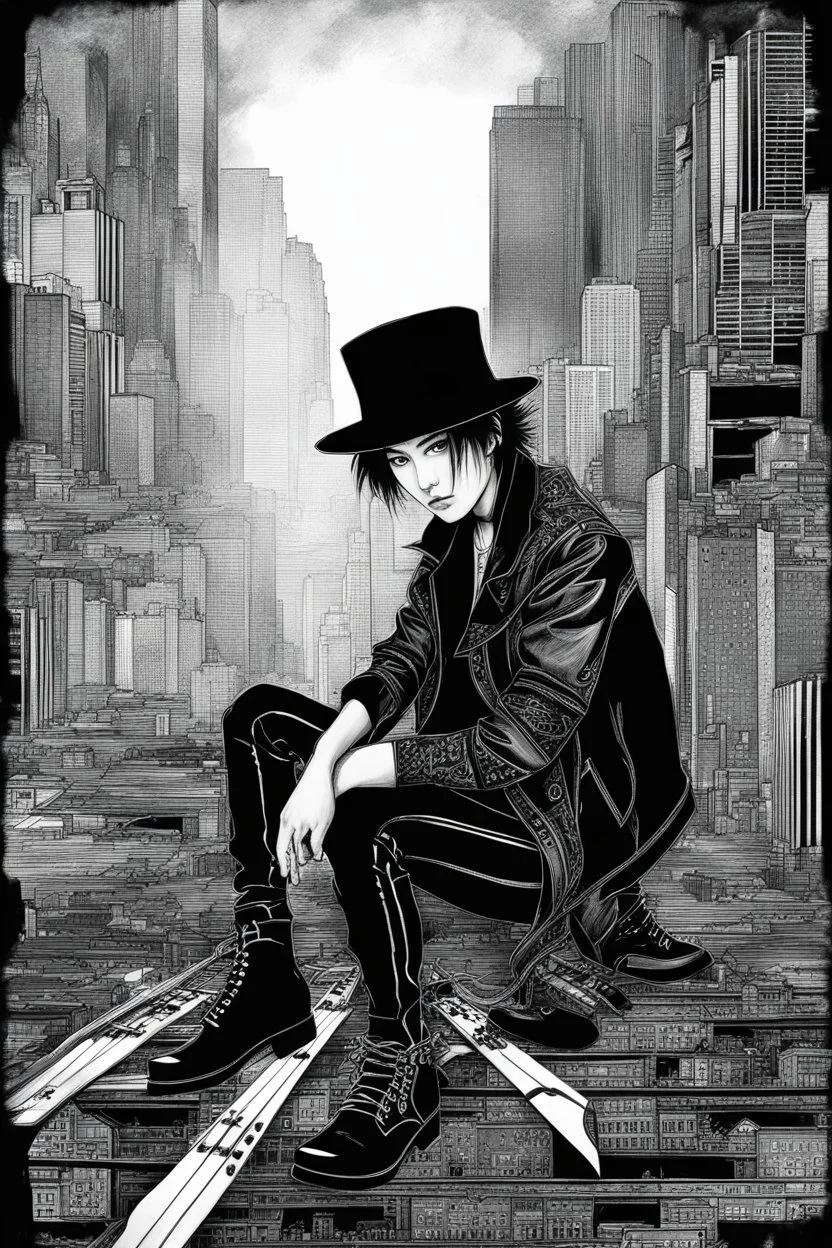 Mixed media picture, the background is black and white line art cyber city In the middle a colorful photo of an attraktive goth asian man playing on the old guitare , wearing goth dark cloths, shiny black jeans, steampunk black hat and black boots, his hair is deep blue-silver lines ans black colors, enhancing the contrast between her and the black and white cityscape space