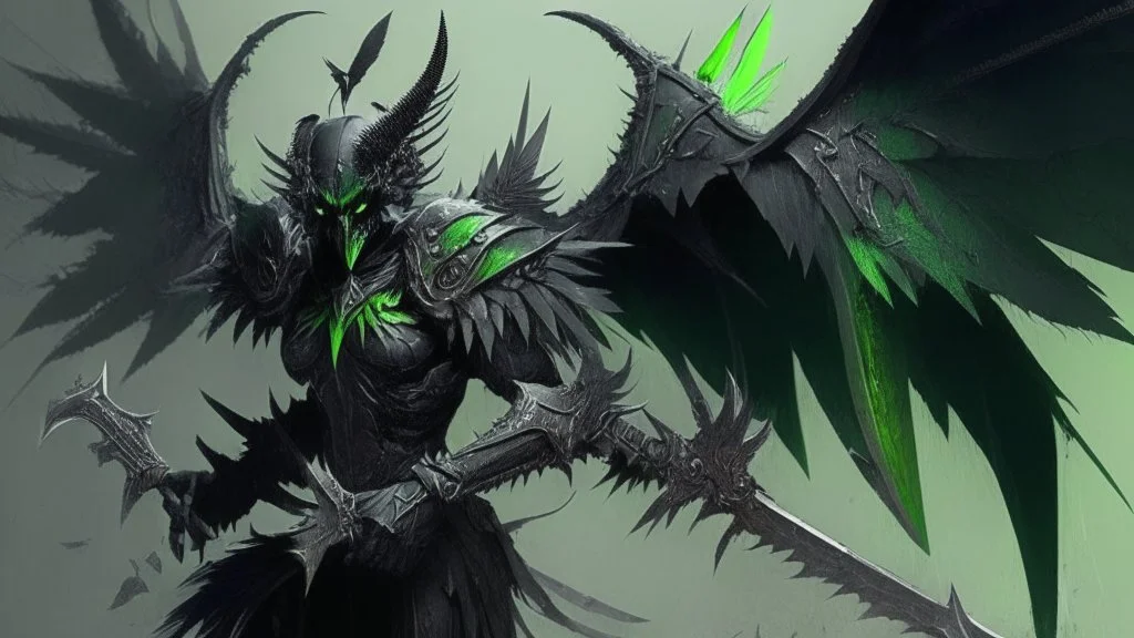 demonio de armadura negra y verda y alas negras con plumas sosteniendo una lanza verde