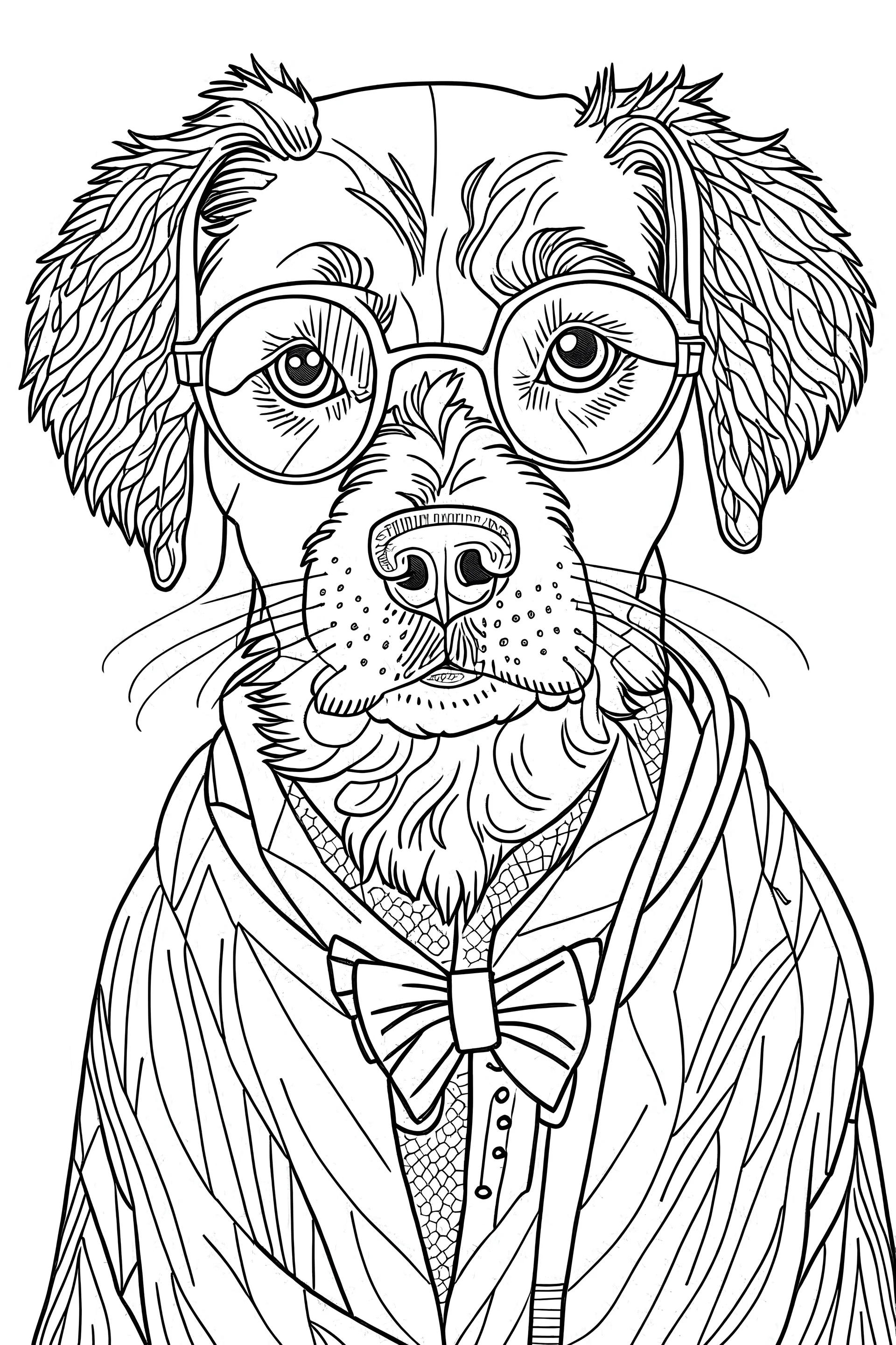 dog with glasses. centered flat minimalistic black and white high contrast line drawing, coloring book style, {prompt}, (white sky, white clouds, white hair, white objects, white clothing, white fur, white skin, white terrain, white scales, white everything:1.1), blank white background